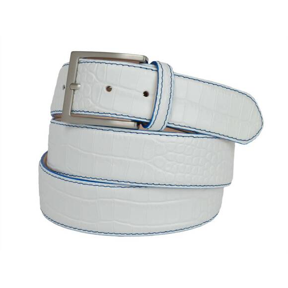 NEW FRESCO GOLF men's leather alligator embossed belt in white blue